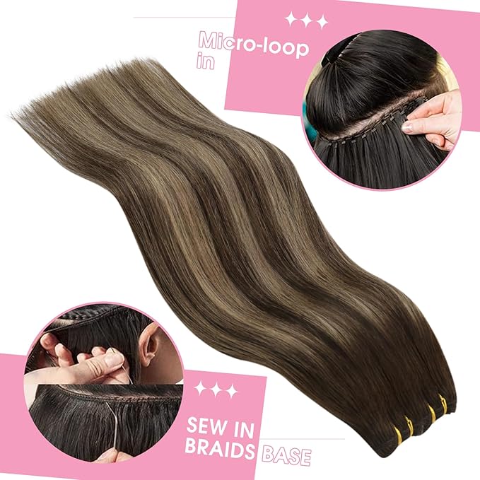 YoungSee Sew in Hair Extensions Real Human Hair Balayage Human Hair Weft Extensions Dark Brown Mix Caramel Blonde Balayage Hair Extension Sew in for Women 18inch 100g