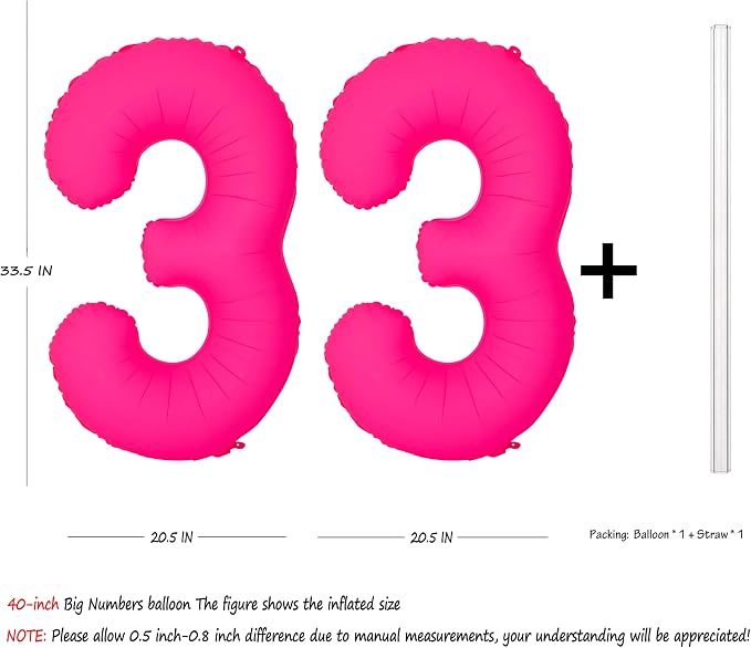Pink Birthday Number 33 Balloons 40IN Fluorescent Pink 33 Foil Balloon | - Image 2