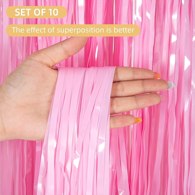 10 Pack Pink Foil Curtain Backdrop 3.2ft x 8.2ft Macaron Tinsel Foil Fringe - Image 2