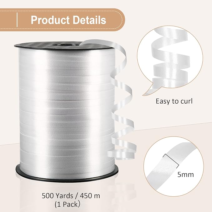 White Curling Ribbon, 500 Yard, 3/16" - Image 5