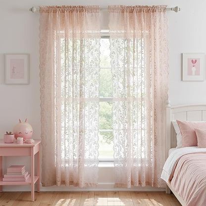 Blush Pink Floral Sheer Lace Curtains - Image 5