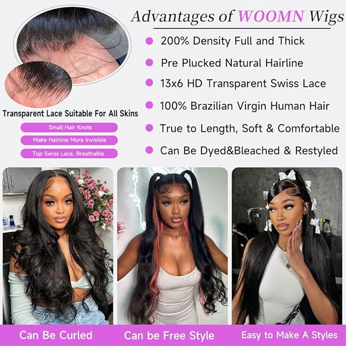 13x6 Lace Front Wigs Human Hair 200 Density Straight Wigs Human Hair Glueless Wigs Pre Plucked No Tangle Shedding Silky Soft Smooth HD Frontal Wig for Women Natural Color 24 Inch