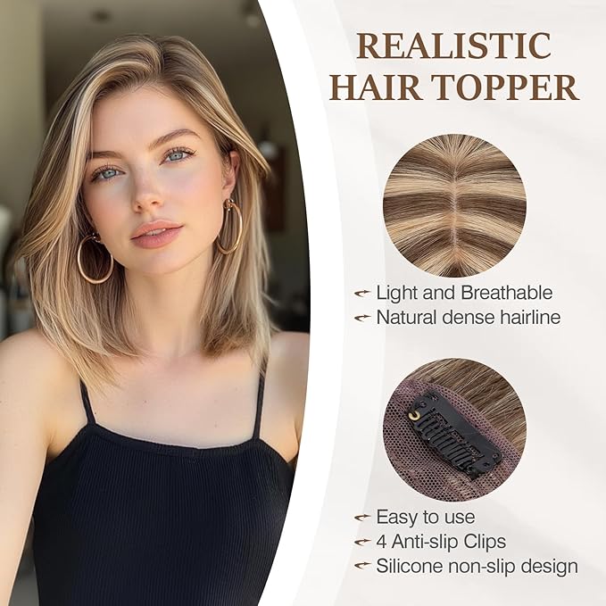 Rich Choices Hair Toppers for Women Real Human Hair 100% Human Remy Toppers NO Bangs with Thinning on Top Clip in Hairpiece 4"x4.7"Lace Base 16 Inch #4P27 Medium Brown Highlights Dark Blonde