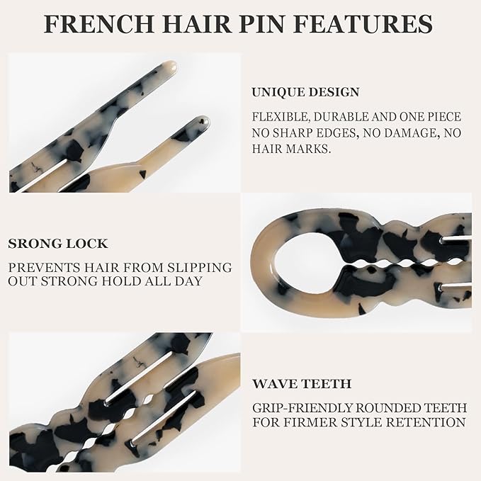 Sunolga 3pcs Prestige French Hair Pins for Women, 4.38" Large, Serrated Anti-Slip Design, Curved Shape for Better Head Fit, Coquette Elegant Hair Accessories for Updos, Chignon, Bun Hairstyles