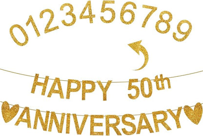 Happy Anniversary Banner, Custom Gold Glitter 10 20 30 40 50 60 70 80 90th Any by Unknown