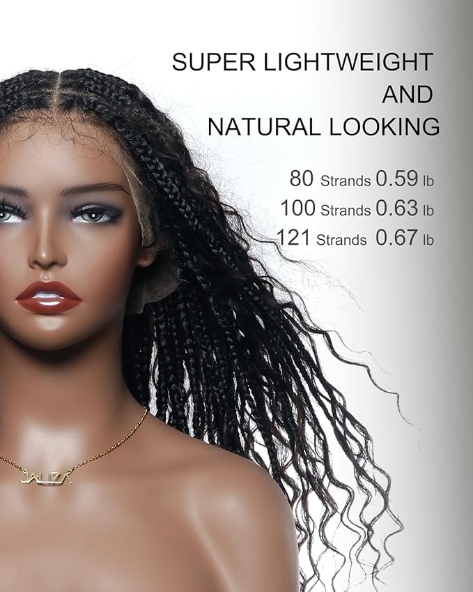 Human Hair Boho Curls Hand-Tied HD Full Lace Wig - 24" Salon-Level Small Box Synthetic Braids (121 Braids, High Density) Pre-Cut Swiss HD Lace, Pre-Plucked, Knotless, Tangle-Free - Black 1B