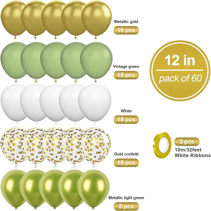 Green Gold Balloons Set, 12Inch Retro White Latex Balloons Metallic Green Gold - Image 2
