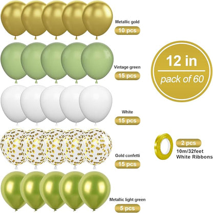 Green Gold Balloons Set, 12Inch Retro White Latex Balloons Metallic Green Gold - Image 2
