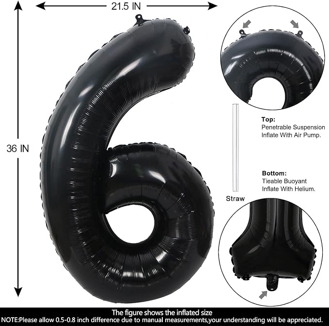40 Inch Black Number 6 Balloons Helium Giant Black 6 Balloons - Image 2
