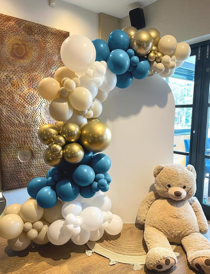 Dusty Blue Balloon Arch Garland Kit, Slate Fog, Baby Blue and Gold Balloons - Image 4