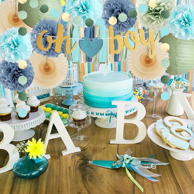 Dusty Blue and Sage Green Baby Shower Decorations Oh Boy Sage Green and Blue - Image 6