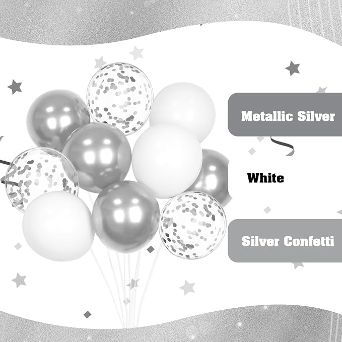 60pcs White and Silver Balloons 12inch - Image 4