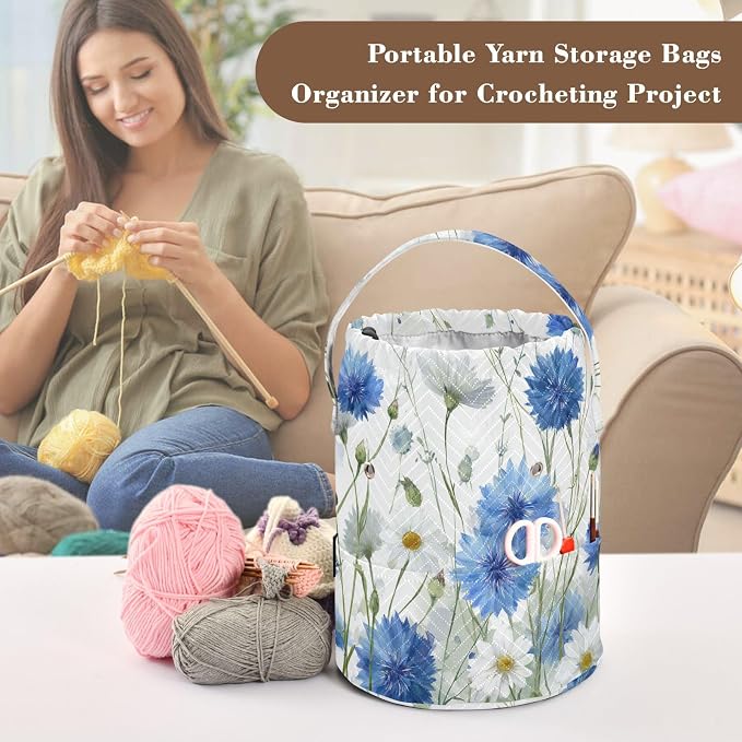 White Blue Cornflowers Daisy Flower Watercolor Yarn Bag Small Crochet Bag - Image 4