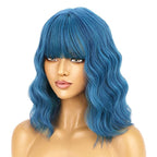 BERON Blue Wig Short Curly Wig for Women Mix Blue Wigs with Bangs Synthetic Dark Blue Wigs with Hairnet Include
