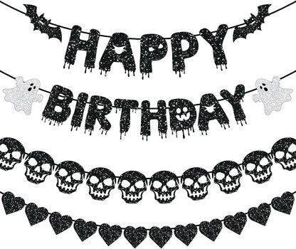 Black Glitter Happy Birthday Banner, Happy Birthday Party Decorations by Wakeys
