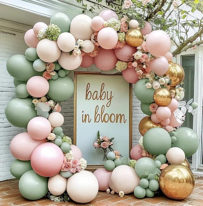 Dusty Green Pink Balloon Arch Double Stuffed Pastel Baby Pink Light Green White by Pinbra