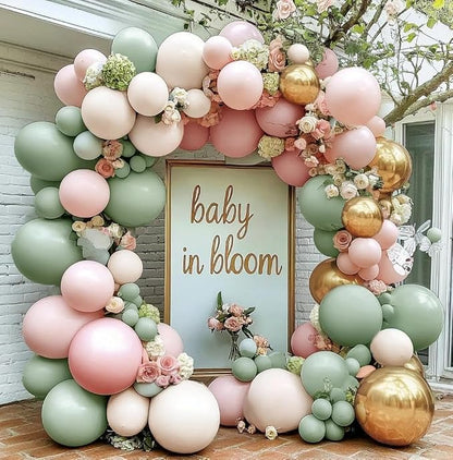 Dusty Green Pink Balloon Arch Double Stuffed Pastel Baby Pink Light Green White by Pinbra