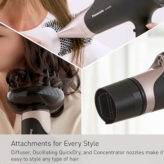 Panasonic Nanoe Salon Hair Dryer, Oscillating QuickDry Nozzle, Blow Dryer with Diffuser, Concentrator Attachments, 3 Speed Heat Settings for Styling and Healthy Hair - EH-ANA6HN (Black/ Pink Gold)