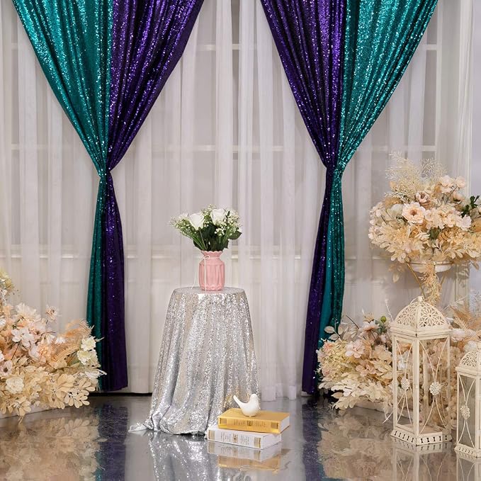Poise3EHome 2Pcs 2Ft x 8Ft Teal Sequin Backdrop Curtains, Glitter Photography - Image 9