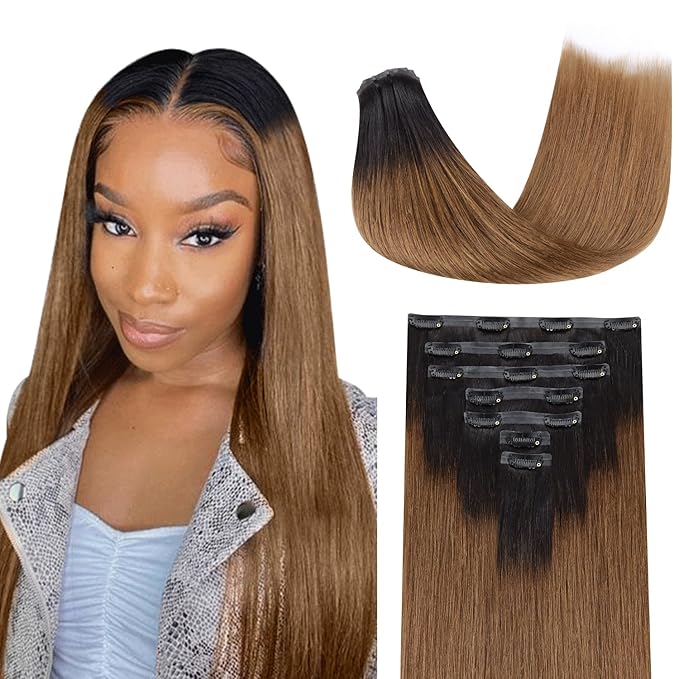 Lashey Light Yaki Straight Seamless Clip in Hair Extensions Human Hair 110g 7pcs Ombre Natural Black to Medium Auburn Hair Extensions Real Human Hair 20 Inch Long Human Hair Extensions for Women