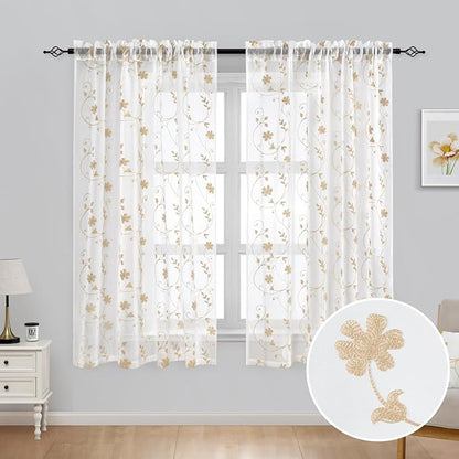 HOMEIDEAS Yellow Sheer Curtains 63 Inch Length 2 Panels Yellow and White - Image 2