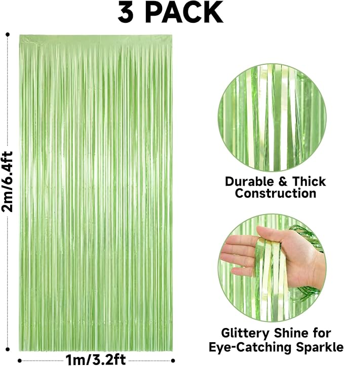 jijAcraft Sage Green Tinsel Foil Fringe Curtain, 3 Pack 3.2x6.5 Feet Mint Green - Image 2