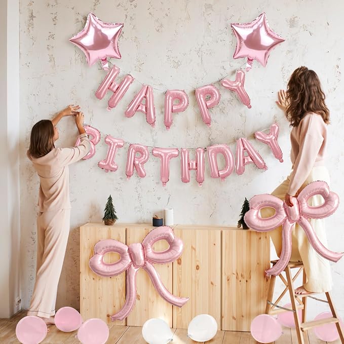 Bow Party Decorations Pink Happy Birthday Balloons Banner Pink Birthday - Image 6
