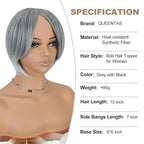 QUEENTAS Silver Hair Topper for Women with Thinning Hair Pieces 6"*6"Large Coverage 360°3D Cover Silver Synthetic Short Bob with 5 Clips in Wiglets(Gray with Black)