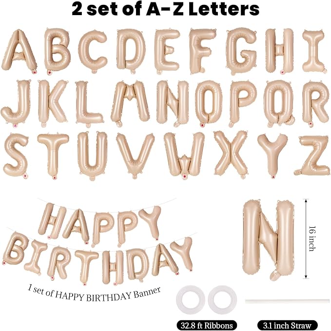 65 Pcs Caramel Happy Birthday Balloons, 2 Sets A-Z Caramel Letters Foil Balloons - Image 2