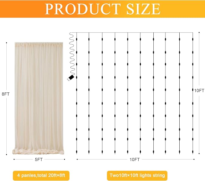 Tulle Backdrop Curtains with Lights Sheer Champagne Curtain Backdrop 20x8ft | - Image 2