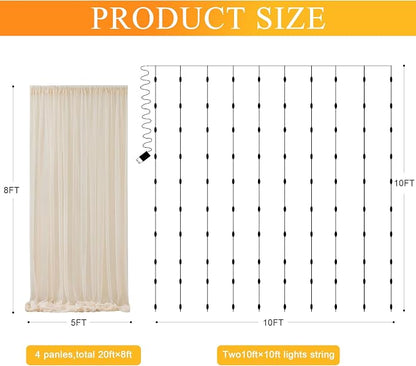 Tulle Backdrop Curtains with Lights Sheer Champagne Curtain Backdrop 20x8ft | - Image 2