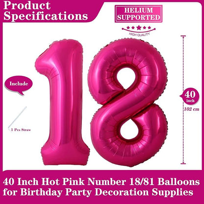 Hot Pink 18 Number Balloons, 40 Inch Giant Number 18 Balloons Foil Mylar Helium - Image 2