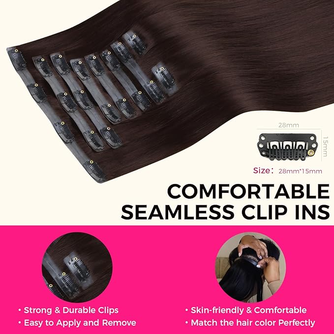 Lashey Seamless Clip in Hair Extensions Human Hair 130g 9pcs #2 Dark Brown Straight 16 Inch Hair Extensions Clip ins with Soft PU Hair Invisi Edge