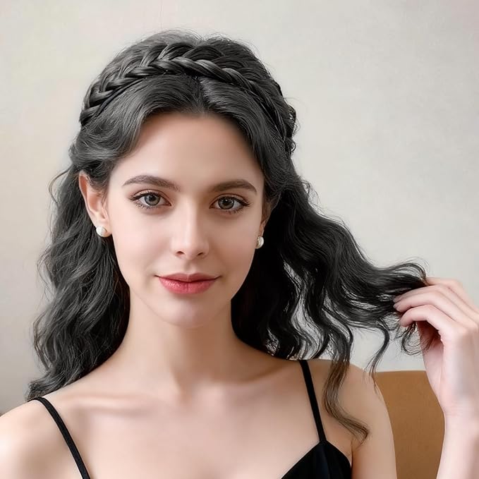 2PC Braided Headband with Tooth – Wide Faux Hair Braid Wig Hairband, Messy Fishbone & Geflochten Haarband Shape – for Women Fashion Accessories for Oktoberfest, Wedding, Parties, Comb Fit(Black)