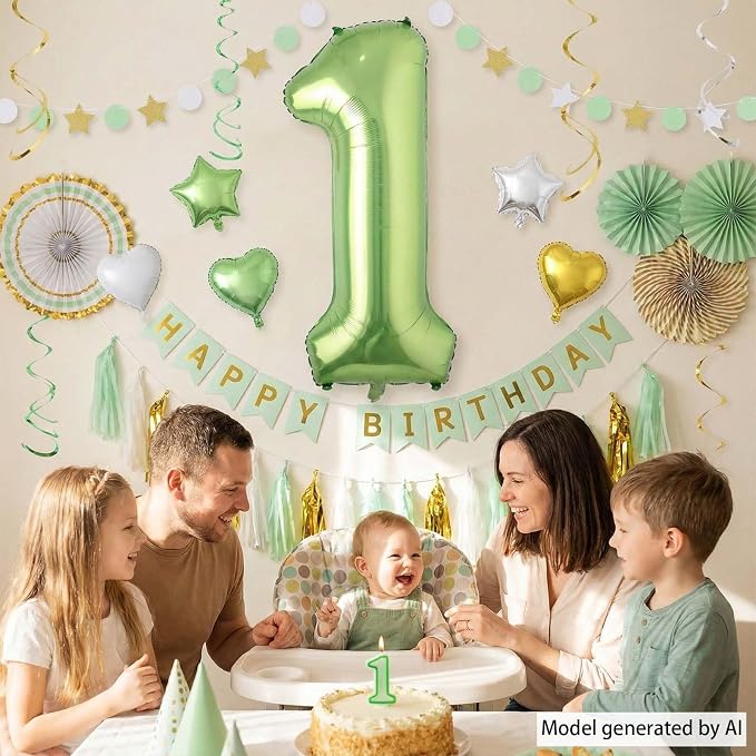 Light Green Number 1 Balloon 40 Inch, Shiny Foil Numeral Party Supplies | - Image 3