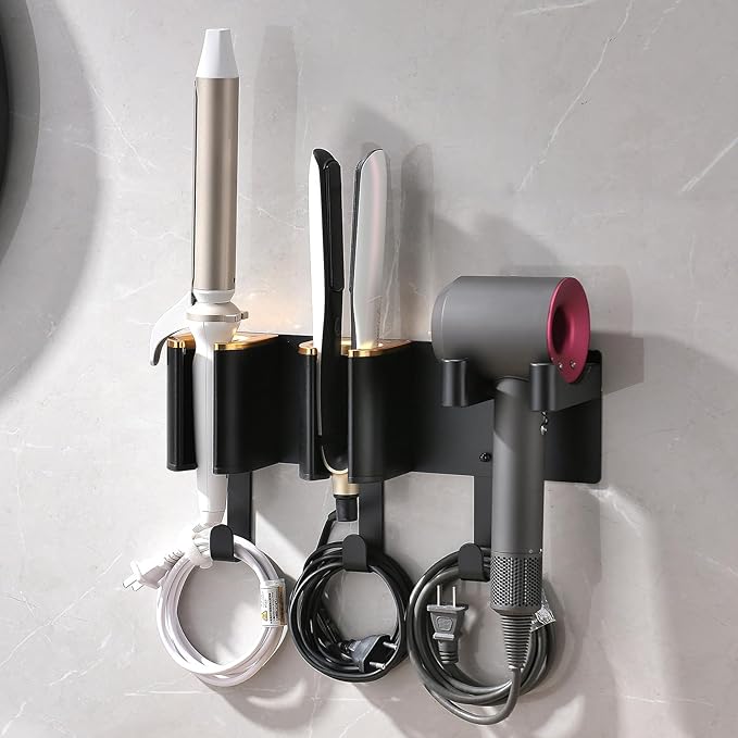 Hair Dryer Holder Wall Mount, Curling Iron Holder, 3 in 1 Hair Tool Organizer for Bathroom Vanity, Hair Straightener Holder, Aluminum Alloy (Hair Tools Not Included)