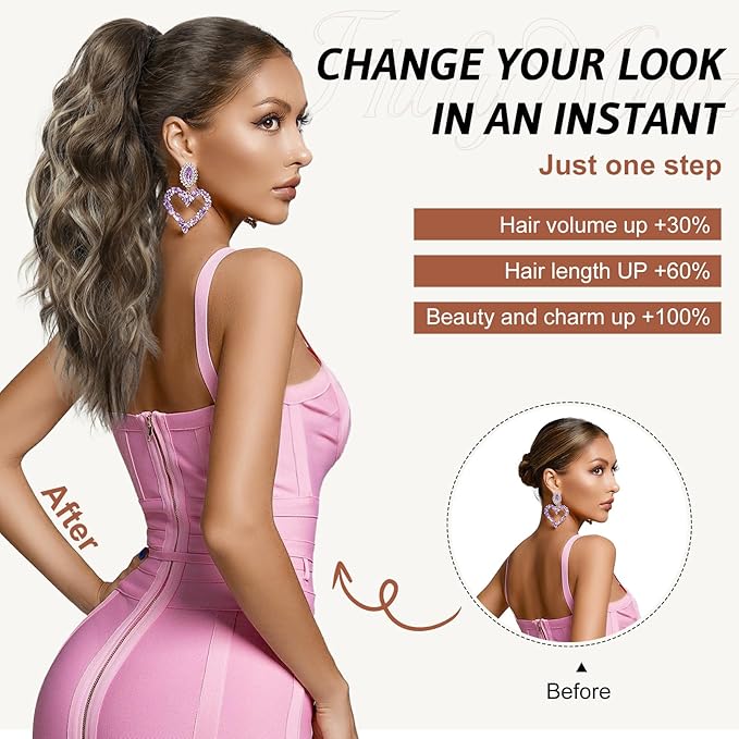FLUFYMOOZ Wavy Curly Claw Clip Ponytail Extension, 18 Inch Natural Fake Ponytail Synthetic Hairpiece for Women (Medium Brown Ash Blonde)