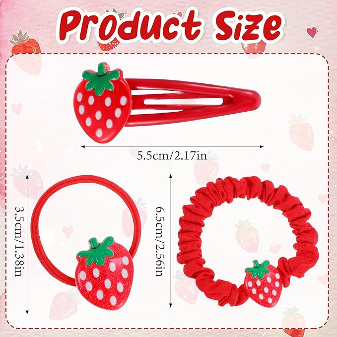 5PCS Strawberry Hair Clip and Hair Tie set, Fruit Metal Snap Accessories, Red Elastics No Damage Soft Rubber Hairbands, Cute Strawberry Accessories for Girls Toddlers Kids and Teens