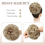 FESHFEN Messy Bun Hair Piece - Elastic Wavy Curly Hair Bun Scrunchies Extensions Synthetic Chignon Hairpieces for Women Girls, Strawberry Blonde & Platinum Blonde Tips 1.5 oz