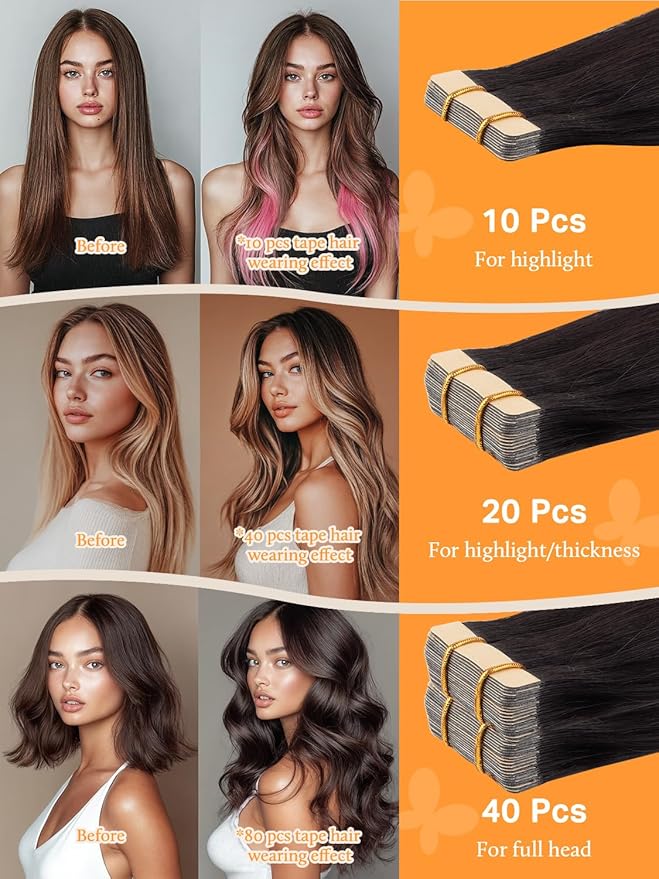 DOORES Hair Extensions Tape in, Balayage Dark Brown to Chestnut Brown and Dirty Blonde 40pcs 100g 16 Inch, Tape in Human Hair Extensions Real Hair Straight