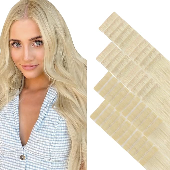 GOO GOO Invisi Edge Tape in Hair Extensions Human Hair, 60A Platinum Blonde 20pcs injected with 20pcs classical tape ins, 16inch 100g, Virgin Remy Hair, Natural Look