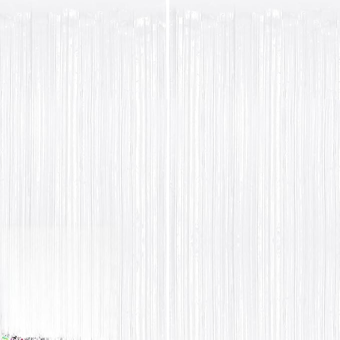 2Pack White Metallic Tinsel Foil Fringe Curtains, Fringe Backdrop by GCBPartyDecorations