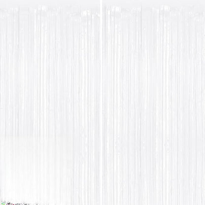 2Pack White Metallic Tinsel Foil Fringe Curtains, Fringe Backdrop by GCBPartyDecorations