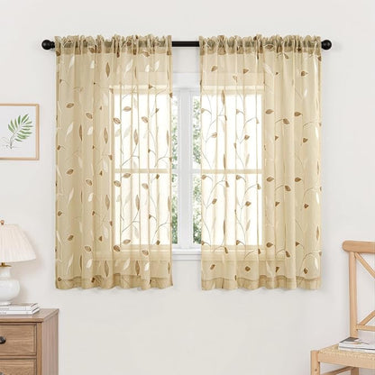 MIULEE Beige Sheer Curtains 2 Panels Embroidered Leaf Patterned, W52 x L54 | by MIULEE