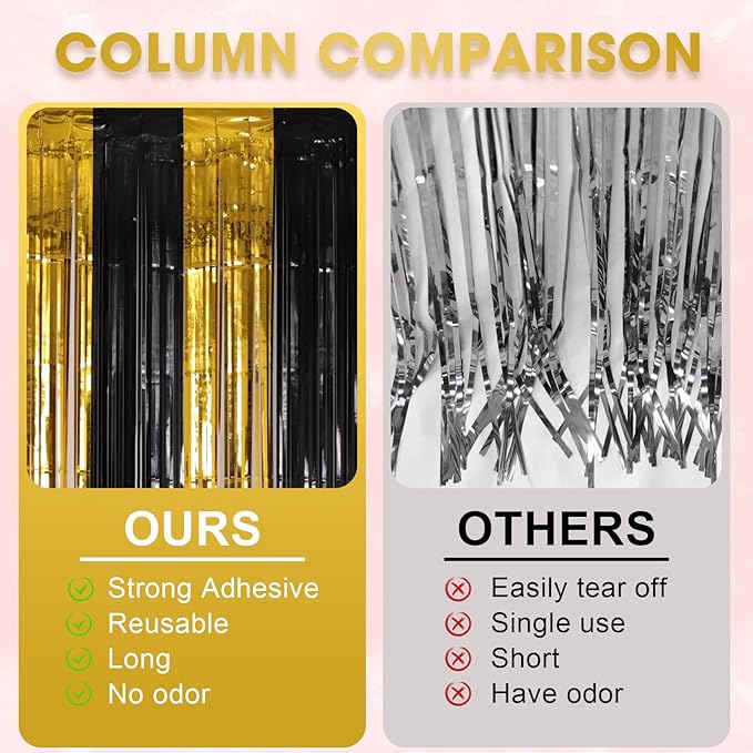 Voircoloria Black Gold Foil Fringe Backdrop Curtains, 3 Pack | Tinsel Streamers - Image 5