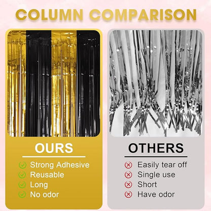Voircoloria Black Gold Foil Fringe Backdrop Curtains, 3 Pack | Tinsel Streamers - Image 5