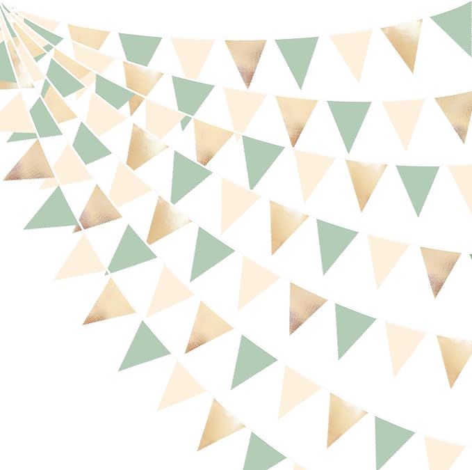Sage Green Beige Champagne Gold Party Decorations Metallic Fabric Triangle by pinkblume
