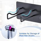 Hair Dryer Holder Wall Mounted, Universal Blow Dryer Holder, Hairdryer Storage Hanger with Plug&Cord Hook, Adhesive Hair Tool Organizer for Bathroom, Black