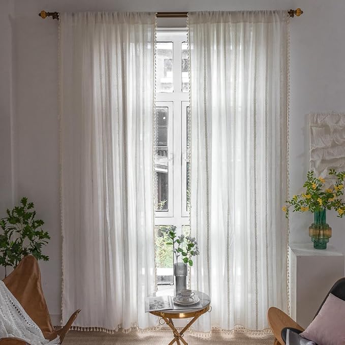 Boho Curtains Embroidery Linen Curtains 108 Inches Long 2 Pannels - Image 2