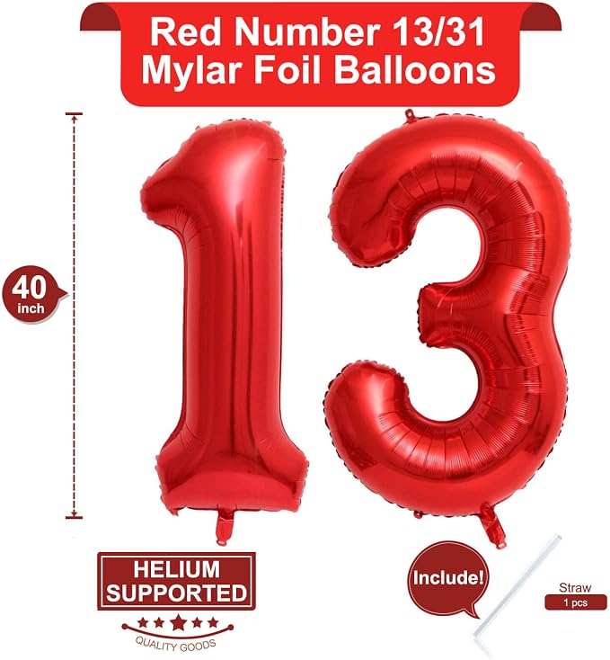40 Inch Red 13 Number Balloons Giant 13 or 31 Balloons Red Birthday 13 Balloons - Image 2